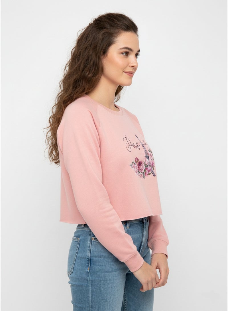 U.S Apparel Women’s Graphic Cropped Sweatshirt – Soft Cotton Blend Paris Print, Pink Sweatshirt - Image 1